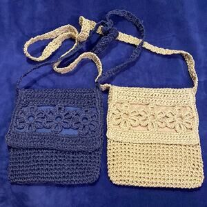 2 NWOT G.H. Bass & Co. Floral Woven Straw Crossbody Bags: Navy Blue & Tan